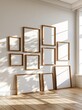 © Generative AI - Empty wooden frames arranged on white wall with