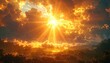 © Vaan - Golden sunbeams pierce through dramatic clouds over a lush, verdant landscape at dawn or dusk.