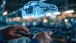 © Generative AI - Hands holding tablet displaying holographic car design