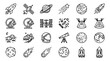 © MdLabib - Space exploration line art icon set featuring thin outline rocket ships planets astronomy gear satellites and astronaut equipment elements vector illustration