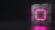 ©  Elvira Astahova - Futuristic dark silicon microchip processor with glowing pink neon loop circuit board, cybersecurity and quantum computing concept, dark minimalist background with copy space for tech website banner
