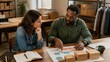 © gleb - A small business owner asking an analyst to explain a forecast using physical boxes and colored cards, layered environmental composition