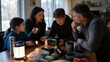 © gleb - A family testing flashlights and a portable battery before a winter power outage, overhead editorial composition, for editorial stock use