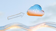 © photo for everything - Glass cloud symbol with code icon and arrow on a blue sky background, representing cloud computing, data transfer, and software dev