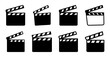 © MdAli - Black and white film clapperboard icons set - A collection of eight stylized black and white film clapperboard icons arranged neatly in two rows of four.