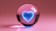 © Rosi - A radiant blue glowing heart shape sits suspended inside a transparent glass sphere resting on a vibrant pink surface reflecting inner luminescence for a truly unique and dreamy romantic vision