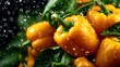 © Larisa AI - Vibrant yellow bell peppers surrounded by sparkling water droplets, showcasing their freshness and richness, perfect for healthy eating and culinary inspiration.