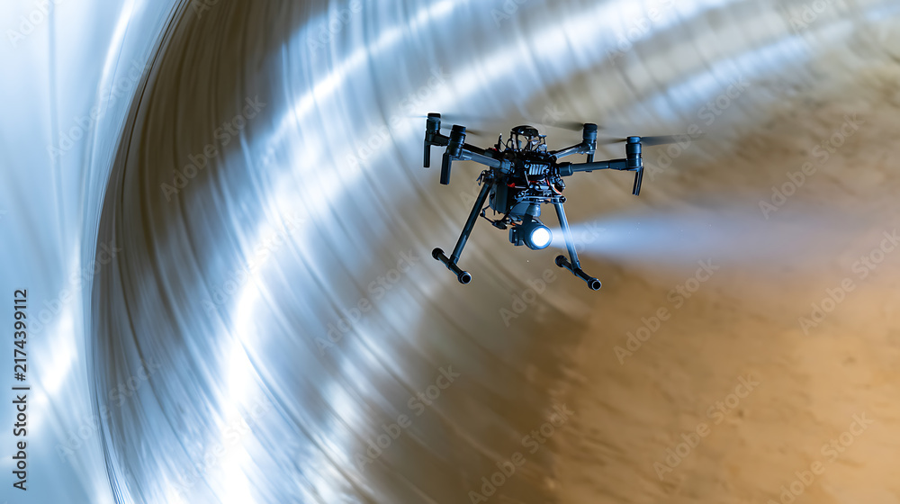Industrial drone fly inside large metal pipe structural inspect tool ...