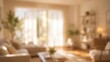 © Suhit - Softly blurred living room interior featuring warm natural sunlight streaming through large windows. This out of focus background provides a serene atmosphere for home design projects.