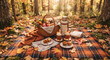© Martarina - Autumn picnic in forest cozy blanket with wicker basket apples and thermos