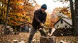 © Olivia - Bearded man splitting wood with an axe in a forest during autumn