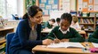 © Segati - Teacher assisting a student with schoolwork in a classroom setting