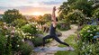 © Segati - Man practicing yoga warrior pose in a beautiful blooming garden at sunrise