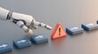 © Abuhumed - An artificial intelligence robot facing a warning sign during a decision-making process, representing technology risks, automation obstacles, and the need for AI system evaluation