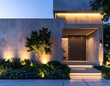 © CreativeCreations - Modern minimalist architectural entrance of a contemporary concrete home illuminated with ambient evening lighting. Ideal for luxury real estate and architectural design marketing concepts.