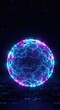 © Sayfar - A radiant sphere composed of glowing blue and purple particles floating in a dark digital space, representing complex data flow and tech, programming, luminous, communication