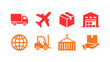© Andika - Vector icon collection featuring logistics, transportation, cargo delivery, warehouse, shipping, freight, forklift, container, and global distribution concepts.