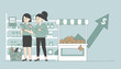 © Uzzal - Two concerned female shoppers looking at high grocery prices on a digital tablet next to an empty market stall with a rising dollar arrow.