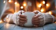 © btiger - close-up of manicured hands in a chunky knitted fingerless sweater holding a steaming white mug on a wooden table with warm fairy lights, cozy calm mood