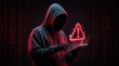 © Zaiseefa - Digital warning sign and binary code displayed as a hacker in hoodie uses a tablet.