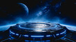 © fanjianhua - A futuristic circular space platform with glowing blue lights floats in outer space, with distant planets and stars in the background.