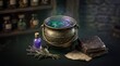 © Nasrin - Mystical witch cauldron with glowing potion, ancient magic books and apothecary jars, dark fantasy alchemy laboratory