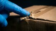 © sarini - Close-up of a gloved hand pointing to a damaged cardboard box with torn tape