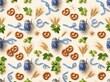 © Dmitrii - Seamless oktoberfest pattern with pretzels hops wheat blue ribbon and beer steins for fabric wallpaper and surface design