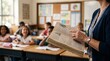 © Manusia - Elementary school teacher engages a diverse group of happy students during a lively classroom lesson, fostering a positive learning environment