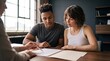 © Eve - Diverse couple consulting with female advisor pointing at contract papers on wooden desk, learning about financial planning, mortgage investment loan terms, and insurance strategy in office