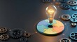 © Abuhumed - Creative business concept featuring a glowing light bulb above colorful puzzle pieces surrounded by mechanical gears, symbolizing innovation, problem solving, teamwork, strategy, and successful soluti
