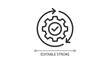© Eman - Minimalist black outline icon showing a central mechanical gear with a checkmark symbol surrounded by rotating circular arrow line art