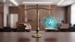 © Muhammad - Scales of justice balancing legal books against a glowing artificial intelligence brain hologram display.