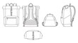 © Langit2 - Technical fashion sketch of rolltop backpack template in front back side and top view outline vector illustration