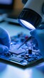 © tongpatong - Placing a chip on a circuit board under a magnifying lamp with tweezers while wearing gloves