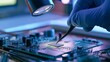 © tongpatong - Placing a chip on a circuit board under a magnifying lamp with tweezers while wearing gloves