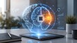 © Pesek Studio - Conceptual artificial intelligence brain hologram on a tablet with global map and warning triangle symbolizing cybersecurity threat and AI risks