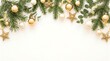 © Lab - Elegant christmas background with golden ornaments and green fir branches on a white surface for holiday design
