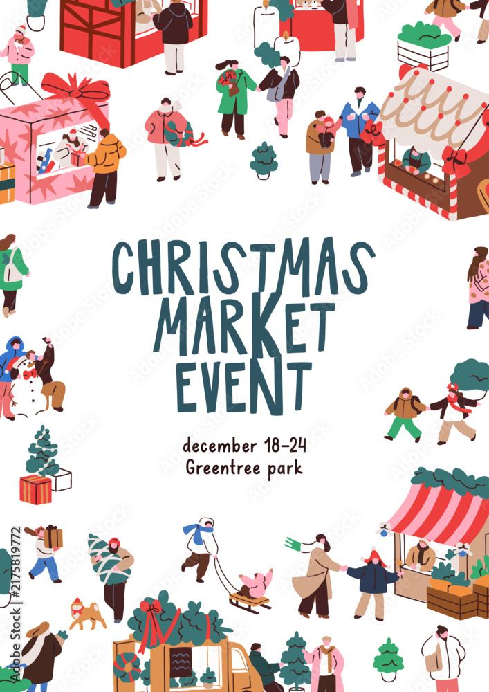 Winter Promo Background Christmas market card, winter holiday fair poster. Seasonal Xmas and ...