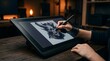 © Howward - Artist drawing a digital monster sketch on a graphic tablet in studio