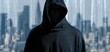 © ckybe - A lone figure in a black hoodie is enveloped by streaming blue binary code against a futuristic urban skyline.