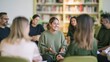 © Ryzhkov - Adult facilitator in a knit sage green sweater leads a coworker group circle in a soft cream yellow training room for peer support and communication skills