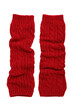© Chinases - Pair of vibrant red knitted leg warmers with intricate cable patterns, neatly arranged on a clean white background
