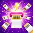© mdnazirhossain - Fast thermal printer printing bar code receipt paper with yellow lightning bolt symbol and floating confetti on purple background
