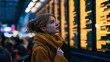 © 69 - Young woman in warm coat and scarf looking at electronic departure board at busy indoor transportation hub with blurred crowd in background