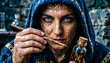 © Design - Mystical sorceress with gold runes on face, fantasy witch holding magic potion and wand, hooded woman with glowing blue eyes