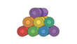 © Aru - Pyramid stack of multi-colored cylinders including red orange yellow green blue and purple rolls arranged neatly as a playful design element graphic.