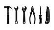 © Siam - Collection of hand tools depicted as black silhouettes on a white background
