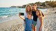 © Hance - Happy family of four taking a selfie on a sunny summer beach with rocky coastline, smiling father mother boy and girl posing together outdoors during golden hour vacation