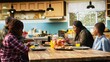 © DC Studio - African American mother appears detached from her family at the breakfast table while distracted by phone use, showing divided attention, disconnection, and an unfocused family moment at home.